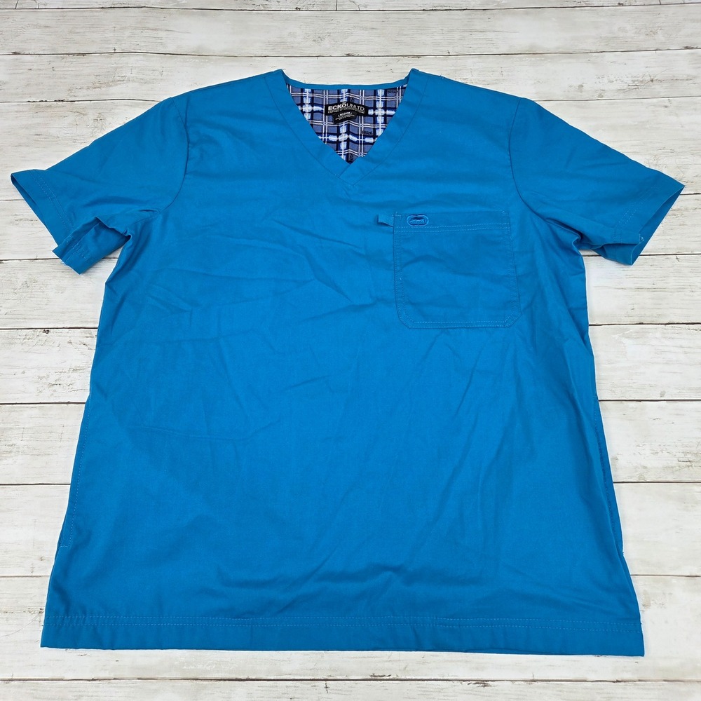 Ecko Unltd Scrub Top Men Medium Blue V-Neck Short Sleeve‎ Rhino Logo Pocket